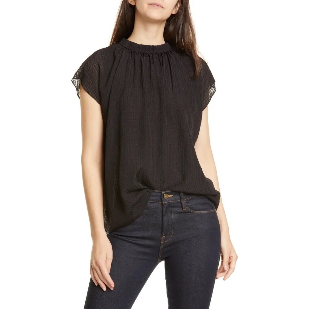Lewit Textured Black Cap Sleeve Gathered Silk Top LW422774MI EUC Size Small